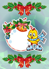 Holiday card with cute chicken and free space for your greeting Christmas text. 