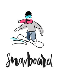Hand writing "Snowboard" with illustration of a snowboarder