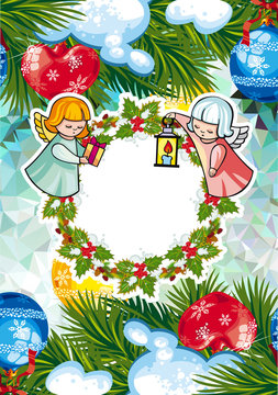 Christmas holiday card with cute little angel and wreath. 