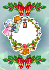 Christmas holiday card with cute little angel and wreath. 