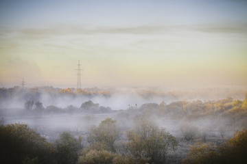 Misty forest and fog along the river Sozh, Gomel, Belarus