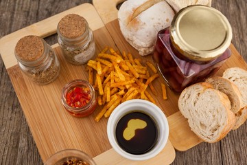 Food with jar on cutting boards