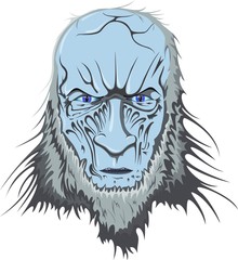 The blue head of a zombie with an icy gaze