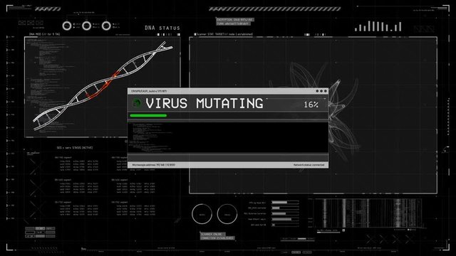 Virus mutation process, DNA research, lab experiment, vaccine creation. Medical software interface with DNA scan results, virus mutation, lab equipment, biochemistry