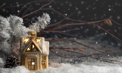 decorative Christmas decorations, a house in the snow