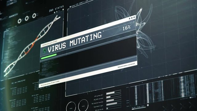 Virus mutation in progress, biological weapon development, outbreak threat. Medical software interface with DNA scan results, virus mutation, lab equipment, biochemistry