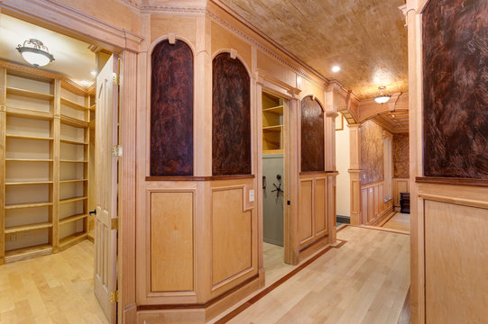 Wood paneled corridor, mansion hallway