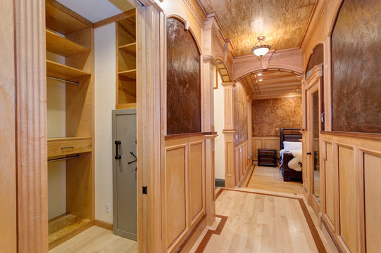 Wood paneled corridor, mansion hallway