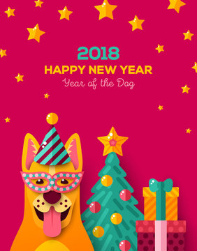 New year carnival with yellow dog in carnival mask