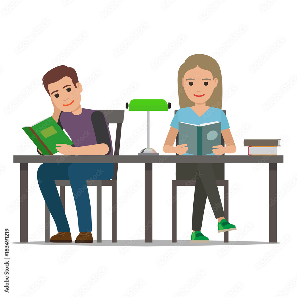 Poster students reading textbook in library flat vector