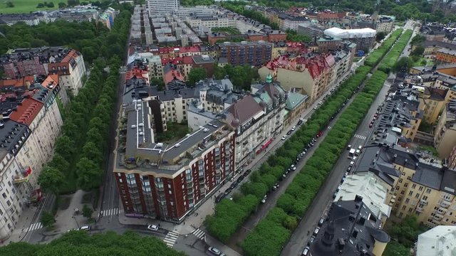Aerial of the Karlaplan Park, Square and Fountain, located in Stockholm, Sweden.