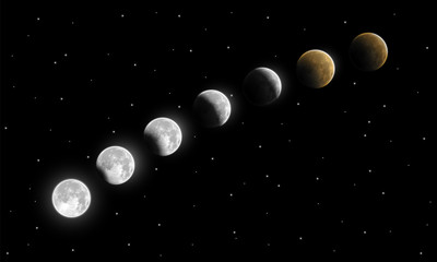Fototapeta na wymiar Realistic full and partial lunar eclipse phases vector illustration. Umbra and penumbra moon eclipse. Vivid and rare astronomical phenomenon depiction for different designs.