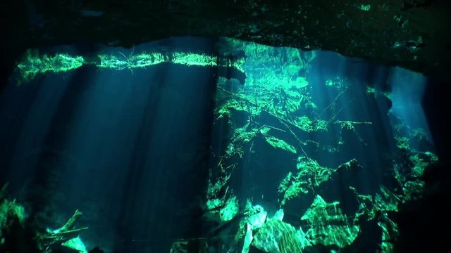 Scuba diving in caves of Yucatan cenotes underwater. Clean and clear underground water in reflection of sunlight.