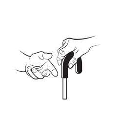 senior person hand with walking stick & young person giving hand in black outline-vector drawing