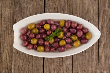 Overhead view of olives in plate