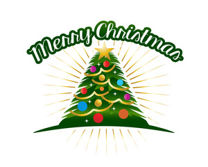 christmas tree with gold star and colorful circles and rays, illustration design, isolated on  white background. 