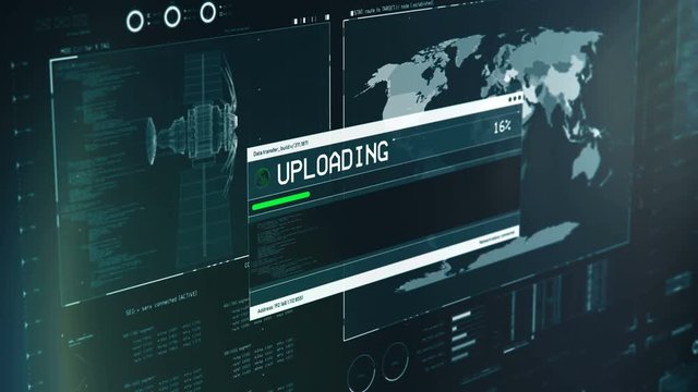 Hackers uploading data to gain satellite control, security breach, cyberwar. Program interface with satellite tracking information, hackers uploading virus