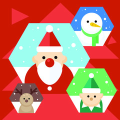 Vector Christmas icons. Cute portrait charactor with santa, elf, snowman, reindeee, flat design, snowfall christmas theme background