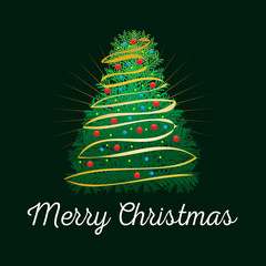 playful merry Christmas with detailed tree on dark background, illustration design, isolated on  white background. 