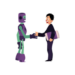 vector flat futuristic robots people interaction scenes set. Robot assistant handshaking with businessman after business deal. Isolated illustration on a white background.