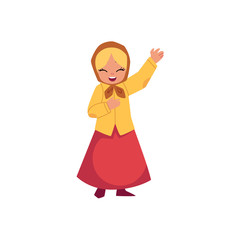 vector flat cartoon children at summer camp concept. Girl in ethnic national clothing headscarf singing or playing role at stage. Isolated illustration on a white background.