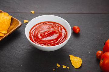 Bowl of tomato sauce or ketchup, closeup