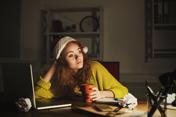 Thoughtful woman at office copy space