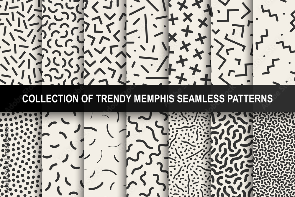 Poster collection of memphis seamless patterns. fashion 80-90s. you can find seamless backgrounds in swatch