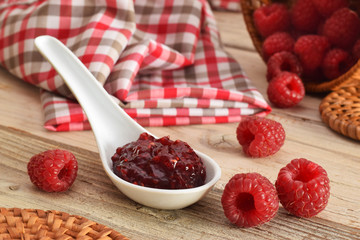 Fresh ripe raspberries and jam