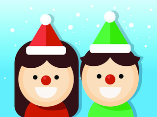 Christmas cute boy and girl. Christmas costumes party on snowfall background