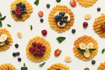 Waffles with fruits, breakfast background