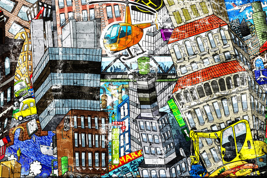 City, an illustration of a large collage, with houses, cars and people