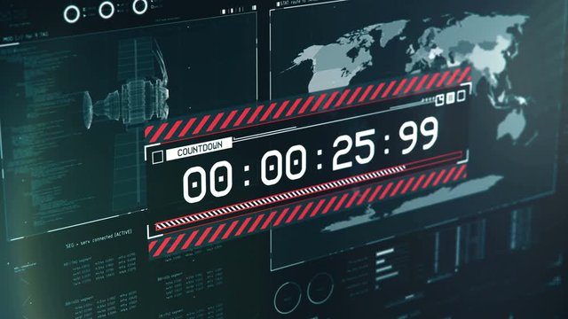 Security breach, countdown, red warning text on screen, satellite hacking. Emergency alert message on screen, satellite information, explosion, missile launch countdown