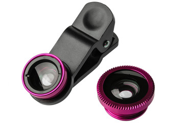 Universal clip lens for mobile phone camera with wide angle lens and macro lens isolated on white background. The lens are pink.