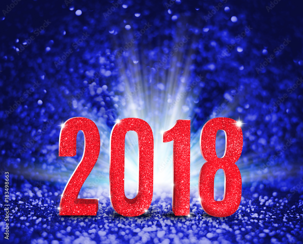 Poster 2018 new year with red glitter texture with white explore light on vivid blue sparkling background,h