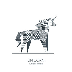 Vector black and white illustration of unicorn horse with patchwork geometric triangle texture. Creative logo icon or emblem. Design for poster, greeting card, wall decoration sticker, print. © Betelgejze