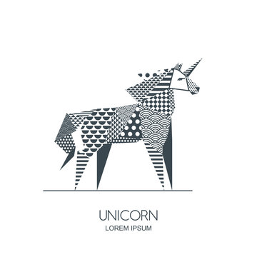 Vector Black And White Illustration Of Unicorn Horse With Patchwork Geometric Triangle Texture. Creative Logo Icon Or Emblem. Design For Poster, Greeting Card, Wall Decoration Sticker, Print.