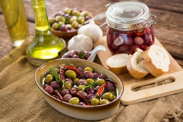 Marinated olives with ingredient and breakfast