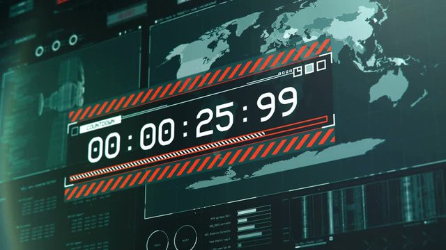 Countdown message on screen, satellite missile launch control, terrorism threat. Emergency alert message on screen, satellite information, explosion, missile launch countdown