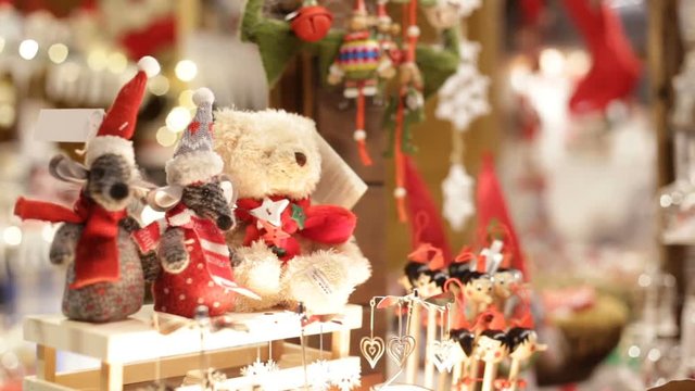 Christmas decorations on a counter at Christmas markets
