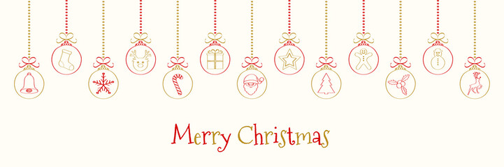 Fototapeta na wymiar Merry Christmas - wishes with different hand drawn baubles. Vector.