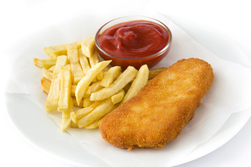 Traditional British fish and chips isolated on white background
