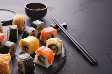 Sushi and rolls background, japanese cuisine