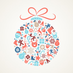 Beautiful pastel colored Christmas ball made of cute icons. Vector.