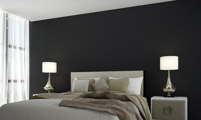 The interor design of modern bedroom and black concrete wall background / 3D rendering new model
