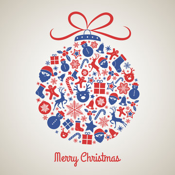 Beautiful Christmas ball made of cute icons - greeting card. Vector.