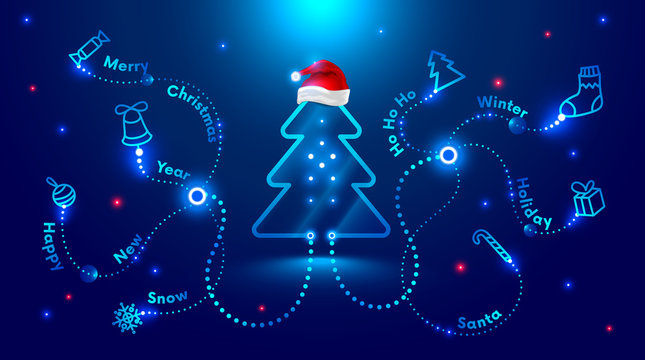 Christmas card in the style of new technologies, engineering, electronics. Christmas tree in red Santa Claus hat and surrounded by Christmas and new year symbols. Christmas sales and marketing