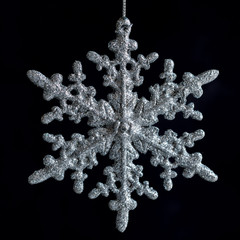 Snowflake Silver Shiny Christmas  Decoration on the Black Background Happy New Year  Festive...