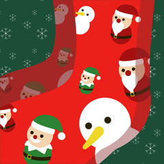 Red sock, snowman, santa, elf on snowflake background. Christmas fantasy theme .