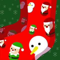 Red sock, snowman, santa, elf on snowflake background. Christmas fantasy theme 